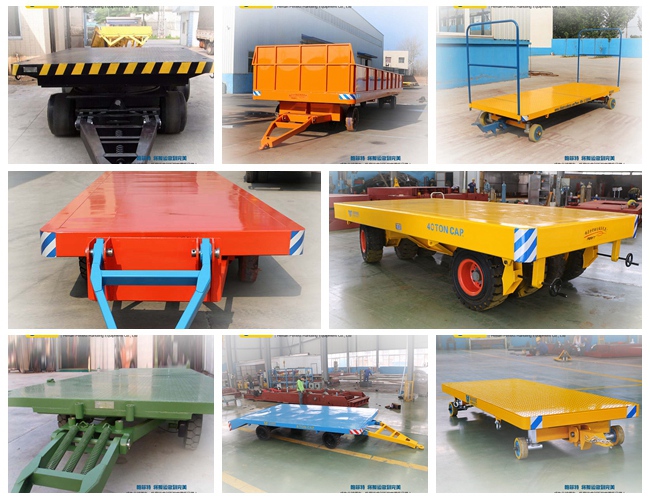 The trolley towed by tractor is towed by other machine such as tractor, locomotive and forklift, which have been widely applied in the cargo transportation in the airport, sea port, warehouse, train station. In order to keep stable and flexible during the turning in small space, we have optimized the steering mechanism, wheel press and frame rigidity to make it available for linkage of several trolleys. The trolley has been highly approved by our customers.